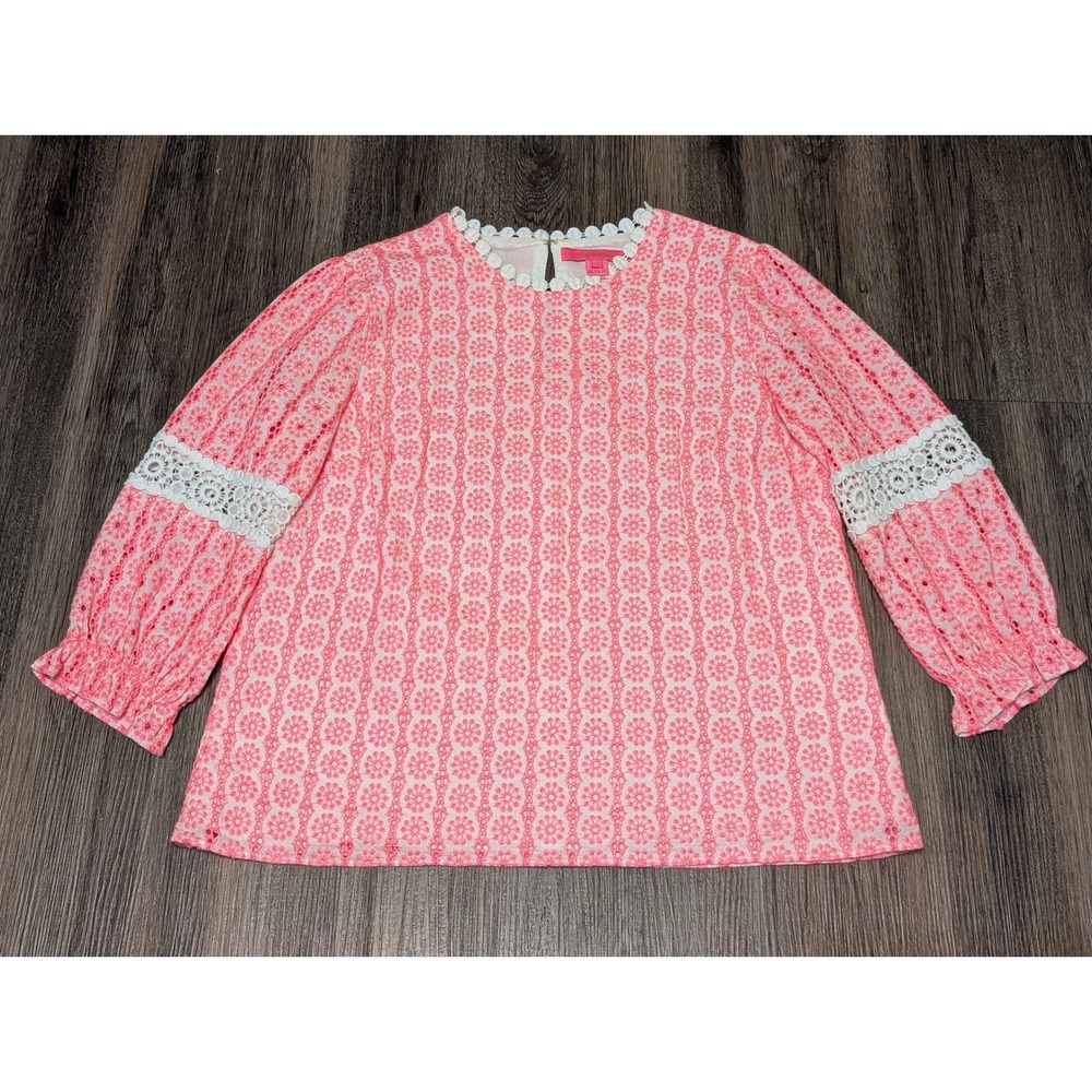 Lilly Pulitzer Jourdana Coral Starburst EYELET  Pink Top Blouse‎ Size 4 READ